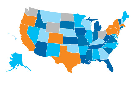 A map showing which states have implemented the Experience Rating Adjustment as of 5/1/2013.